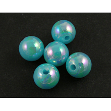 Honeyhandy Eco-Friendly Poly Styrene Acrylic Beads, AB Color Plated, Round, Cyan, 10mm, Hole: 2mm, about 980pcs/500g