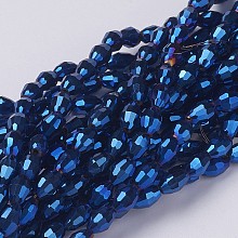 Electroplate Glass Beads, Blue Plated, Faceted Oval, bead: 6mm long, 4mm thick, hole: 1mm, about 72pcs/strand