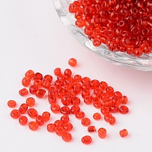 Honeyhandy 8/0 Glass Seed Beads, Transparent, Round, Red, 3mm, Hole: 1mm, about 1097pcs/50g