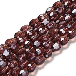 Honeyhandy Electroplate Glass Beads Strands, Pearl Luster Plated, Faceted, teardrop, Purple, 6x4mm, Hole: 1mm, about 72pcs/strand, 15 inch