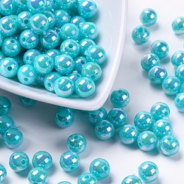 Honeyhandy Eco-Friendly Poly Styrene Acrylic Beads, AB Color Plated, Round, Cyan, 8mm, Hole: 1mm, about 2000pcs/500g