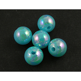 Honeyhandy Eco-Friendly Poly Styrene Acrylic Beads, AB Color Plated, Round, Cyan, 10mm, Hole: 2mm, about 980pcs/500g