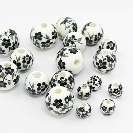 Honeyhandy Handmade Printed Flower Porcelain Beads, Round, Black & White, 6~12mm, Hole: 2mm