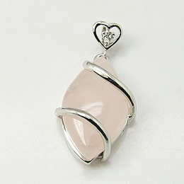 Honeyhandy Natural Rose Quartz Pendants, with Brass Rhinestone Findings,  Horse Eye, 36x17.5x7~9mm, Hole: 2.5x4mm