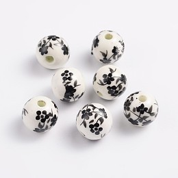 Honeyhandy 12mm Round Black Handmade Printed Porcelain Beads, Hole: 2mm