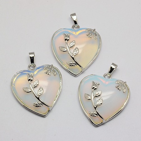 Honeyhandy Heart Opalite Pendants, with Platinum Plated Brass Pendant Settings, 42~46x31~33mm, Hole: 6mm