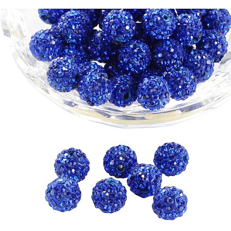 Pandahall Elite About 100 Pcs 10mm Clay Pave Disco Ball Czech Crystal Rhinestone Shamballa Beads Charm Round Spacer Bead for Jewelry Making, Sapphire