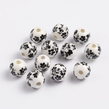 Honeyhandy 8mm Round Black Handmade Printed Porcelain Beads, Hole: 2mm