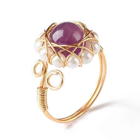 Honeyhandy Natural Amethyst Finger Ring for Girl Women, Round Shell Pearl Beads Ring, Brass Wire Wrap Ring, Golden, US Size 7 3/4(17.9mm)