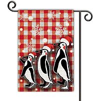 GLOBLELAND 12 x 18 Inch Winter Penguin Garden Flags Vertical Double Sided Red and White Grid Flag for Lawn House Outdoor Decoration