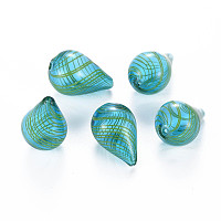 Honeyhandy Transparent Handmade Blown Glass Globe Beads, Stripe Pattern, Teardrop, Medium Turquoise, 28~29.5x18.5~19.5mm, Hole: 1.2~2.2mm
