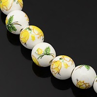 Honeyhandy Handmade Printed Porcelain Round Beads Strands, with Flower Pattern, Yellow, 10mm, Hole: 2mm, about 35pcs/strand, 13.5 inch