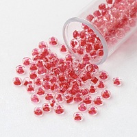FGB 11/0 Transparent Glass Seed Beads, Inside Color, Cerise, 2.3x1.5mm, Hole: 1mm, about 5300pcs/50g