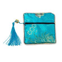 Honeyhandy Chinese Brocade Tassel Zipper Jewelry Bag Gift Pouch, Square with Flower Pattern, Deep Sky Blue, 11.5~11.8x11.5~11.8x0.4~0.5cm