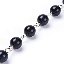 Honeyhandy Handmade Dyed Glass Pearl Beaded Chains, Unwelded, with Iron Eye Pin, Platinum, Black, 39.37 inch, 1m/strand