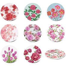 GLOBLELAND Set of 9 Flower Round Absorbing Stone Coasters with Cork Base, Ceramic Drink Coasters Funny Birthday Housewarming for Tabletop Protection, Suitable for Kinds of Cups, Wooden Table