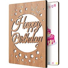 FINGERINSPIRE Happy Birthday Card Real Bamboo Wood Greeting Card with Hollow Crown & Star and Engraved Words Design, Handmade Handwritten Card with Envelope for Sending Birthday Wishes