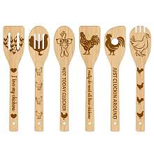 GLOBLELAND 6Pcs Bamboo Spoons & Knifes & Forks, Flatware for Dessert, Rooster Pattern, 60x300mm, 6 style, 1pc/style, 6pcs/set