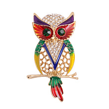 Honeyhandy Alloy Resin Rhinestone Safety Brooches, Enamel Pin, Owl, Colorful, 48x25mm