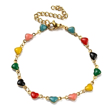 Honeyhandy Ion Plating(IP) Golden 304 Stainless Steel Heart Link Chain Bracelet with Enamel, Colorful, 6-7/8 inch(17.5cm)