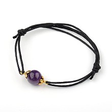 Honeyhandy Gemstone Adjustable Link Bracelets, with Alloy Bead Caps and Waxed Cotton Cord, Antique Golden, Amethyst, 43~75mm