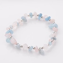 Honeyhandy Gemstone Stretch Bracelets, with Iron Findings, Silver Color Plated Natural Aquamarine and Rose Quartz Beads, Sky Blue and Pink, 55mm