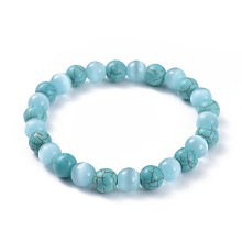 Honeyhandy Synthetic Turquoise Stretch Bracelets, with Cat Eye Round Beads, 2-3/8 inch(6cm)