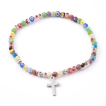 Honeyhandy 304 Stainless Steel Charm Stretch Bracelets, with Alloy Beads and Millefiori Glass Beads, Cross, Colorful, Inner Diameter: 2-1/4 inch(5.8cm)