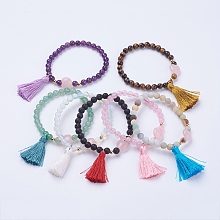 Honeyhandy Tassel Charm Bracelets, with Natural & Synthetic Mixed Stone Beads, Round, 2 inch(52mm)