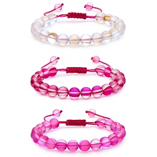 Honeyhandy 3Pcs Round Synthetic Moonstone Braided Bead Bracelets, Gemstone Jewelry for Women, Pink, Inner Diameter: 1-7/8~3-1/4 inch(4.8~8.3cm)