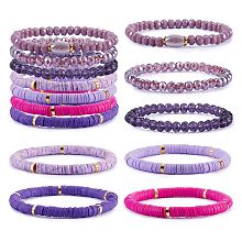 Honeyhandy 7Pcs 7 Style Handmade Polymer Clay Heishi Surfer Stretch Bracelets Set, Glass Beads Stackable Bracelets, Preppy Jewelry for Women, Purple, Inner Diameter: 2-1/8 inch(5.3cm), 1Pc/style