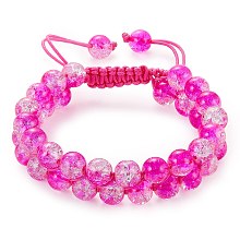 Honeyhandy Sparkling Round Glass Braided Bead Bracelet, Double Layered Wrap Adjustable Bracelet for Women, Hot Pink, Inner Diameter: 2~3-1/8 inch(5~7.8cm)