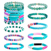 Honeyhandy 8Pcs 6 Style Synthetic Imperial Jasper & GLass Beaded Stretch Bracelets Set, Polymer Clay Heishi Surfer  Bracelets, Acrylic Curved Tube Chunky Bracelets for Women, Medium Aquamarine, Inner Diameter: 2-1/8 inch(5.5cm)