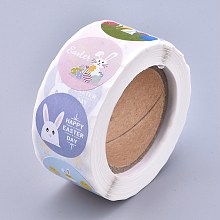 Honeyhandy Easter Stickers, Adhesive Labels Roll Stickers, Gift Tag, for Envelopes, Party, Presents Decoration, Flat Round, Colorful, Rabbit Pattern, 25mm, about 500pcs/roll