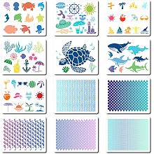 GORGECRAFT 12 Styles Sea Animals Stencils 20 * 25cm Turtle Seahorse Seaweed Octopus Shark Crab Wave Template Large Animal Templates Reusable Sign Square Stencil for Painting on Wood Wall Scrapbook