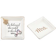 FINGERINSPIRE 2 Pcs Porcelain Jewelry Plate with Golden Rim & Mixed Styles (So She Did & Mis.) 4 x 4 Inch Ceramic Ring Dish Decorative Trinket Plate Jewelry Tray Display Organizer for Birthday Gift