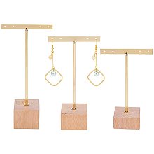 FINGERINSPIRE 3 Pcs Gold Metal T Bar Earring Display Stand with Wooden Square Base 4 Holes Jewelry Holders Hanging Earring Organizer for Store Retail Photography Props（4.7 & 5.5 &6.3 inch Height）