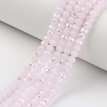 Honeyhandy Electroplate Glass Beads Strands, Imitation Jade Beads, Half Plated, Rainbow Plated, Faceted, Rondelle, Pink, 4x3mm, Hole: 0.4mm, about 123~127pcs/strand, 16.5~16.9 inch(42~43cm)