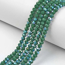 Honeyhandy Electroplate Opaque Solid Color Glass Beads Strands, Half Rainbow Plated, Faceted, Rondelle, Green, 6x5mm, Hole: 1mm, about 83~85pcs/strand, 38~39cm