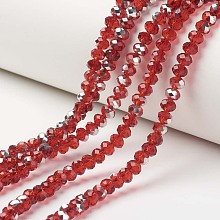 Honeyhandy Electroplate Transparent Glass Beads Strands, Half Silver Plated, Faceted, Rondelle, Red, 4x3mm, Hole: 0.4mm, about 130pcs/strand, 16.54 inch(42cm)