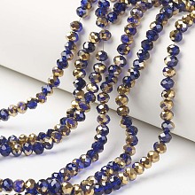 Honeyhandy Electroplate Transparent Glass Beads Strands, Half Golden Plated, Faceted, Rondelle, Dark Blue, 4x3mm, Hole: 0.4mm, about 130pcs/strand, 16.54 inch(42cm)