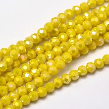 Honeyhandy Faceted Round Full Rainbow Plated Electroplate Glass Beads Strands, Yellow, 4mm, Hole: 1mm, about 90~95pcs/strand, 12.8~13.6 inch(32~34cm)