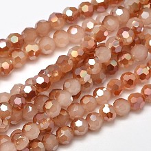 Honeyhandy Faceted Round Half Rainbow Plated Imitation Jade Electroplate Glass Beads Strands, Chocolate, 4mm, Hole: 1mm, about 100pcs/strand, 14.9 inch