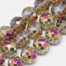 Honeyhandy Electroplate Glass Beads Strands, Rainbow Plated, Frosted, Faceted, Round, Tan, 12mm, Hole: 1.5mm, about 50pcs/strand, 22.05 inch