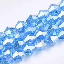 Honeyhandy Electroplate Glass Beads Strands, AB Color Plated, Faceted, Bicone, Deep Sky Blue, 6x5.5~6mm, Hole: 1mm, about 47~48pcs/strand, 10.83 inch(27.5cm)