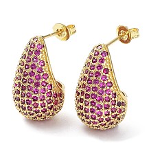 Honeyhandy Cubic Zirconia Teardrop Stud Earrings, Real 16K Gold Plated Brass Earrings for Woman, Medium Violet Red, 20x12mm