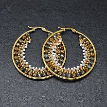 Honeyhandy 304 Stainless Steel Hoop Earrings, Beaded Hoop Earrings, with Glass Beads, Ring, Golden, Dark Goldenrod, 51.5x49x4mm