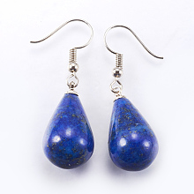 Honeyhandy Natural Lapis Lazuli Dangle Earrings, with Brass Earring Hooks, Drop, Platinum, 43mm, Pin: 0.5mm