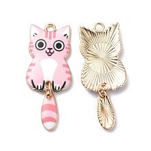 Honeyhandy Light Gold Rack Plating Alloy Enamel Pendants, Cadmium Free & Nickel Free & Lead Free, Cat Charm, Pink, 38x15.7x3mm, Hole: 2mm