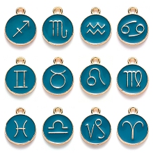 Honeyhandy Alloy Enamel Pendants, Flat Round with Constellation, Dark Cyan, 22x18x2mm, Hole: 1.5mm, about 12pcs/set